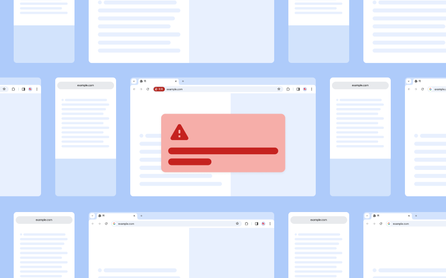 明るい青色の背景に浮かぶ一般的なウェブページ。前面に赤色のポップアップと警告アラート アイコンが表示されている。